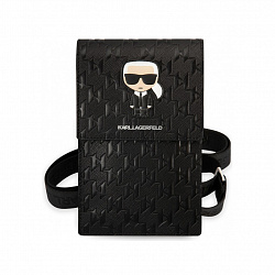 Сумка Lagerfeld Wallet Phone Pouch Saffiano Monogram Ikonik patch для смартфонов, серебро / черный